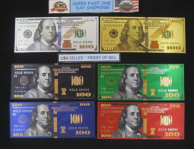 #ad 6 Different New Style 24K Foil $100 Bills in Color From Gold to Silver FREE SHIP $5.88