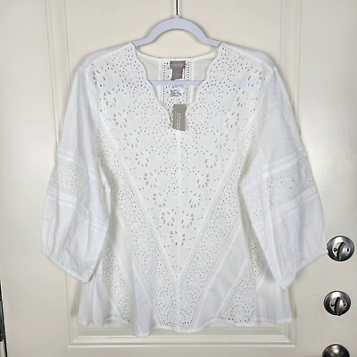 #ad NWT Chico#x27;s Eyelet Pullover Cutwork Blouse Antique White Size 3 US 16 18 $35.00