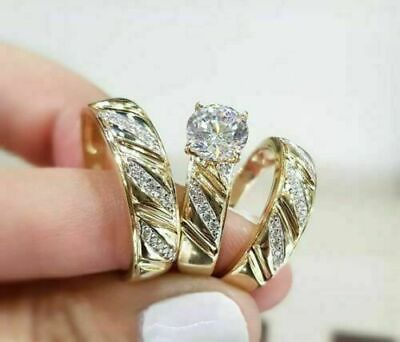 #ad 14K Yellow Gold Over His and Her Diamond Trio Set Bridal Engagement Wedding Ring $202.99