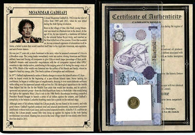 #ad Libyan Dictator Moammar Gadhafi 2 Banknotes amp; 1 Coin amp; COA amp; History amp; Album Inc $24.50