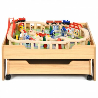 #ad Costway Kids Wooden Train Track Railway Set Table with 100 Pieces Storage Drawer $128.96