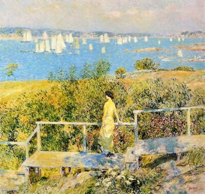 #ad Oil painting Frederick Childe Hassam Yachts Gloucester Harbor woman in landscape $71.43