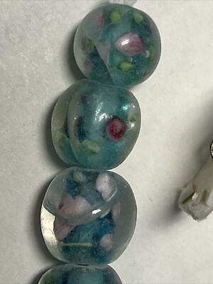 #ad FANCY GLASS BEADS 10mm Blue With Pink Roses Round 30 Total Hand Made Beads $3.00