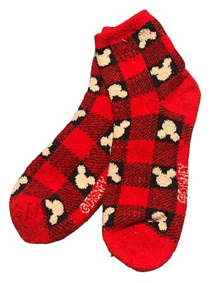 #ad Disney Socks Mickey Mouse Quarter Length Red Black Buffalo Plaid Fleece Sz 4 10 $12.91