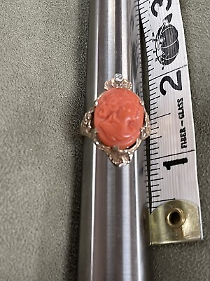 #ad Antique Coral Cameo Diamond Solid Gold Ring $1200.00