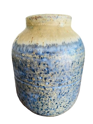 #ad Vintage Blue Stoneware Small Vase 4 Inch High Pottery $13.51