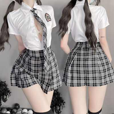 #ad Student Girls School Uniform Black White Lingerie JK Suit Pleated Skirt $20.99