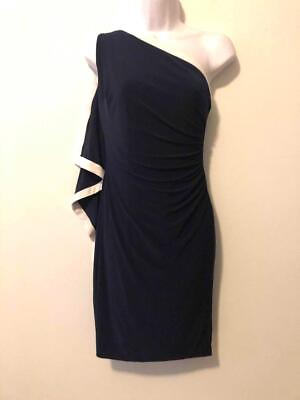 #ad Ralph Lauren sz 0 Navy blue Cocktail dress wing sleeve accent one shoulder $35.00