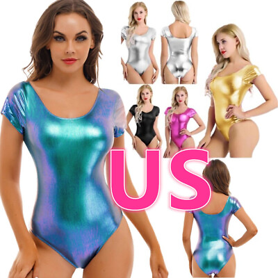 #ad #ad US Women#x27;s Shiny Bodysuit Metallic Jumpsuit Gymnastics Dance Stretchy Leotard $8.45