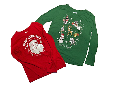 #ad USED Two Girls Holiday Time Long Sleeve Christmas and Santa Shirts Size M 7 8 $7.99