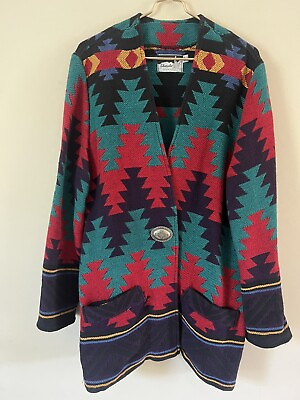 #ad Vtg Silverado Southwestern Aztec Womens Pattern Blanket Wrap Jacket Coat Medium $33.75