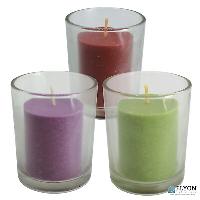 #ad 18 Assorted Colored Unscented Wax Votive Candle in Glass Holder 24 Hr Burn Time $44.86