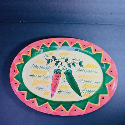 #ad Vtg Hausenware 16 x 12 Oval Southwest Pepper Platter Pink Green Yellow Ceramic $29.59