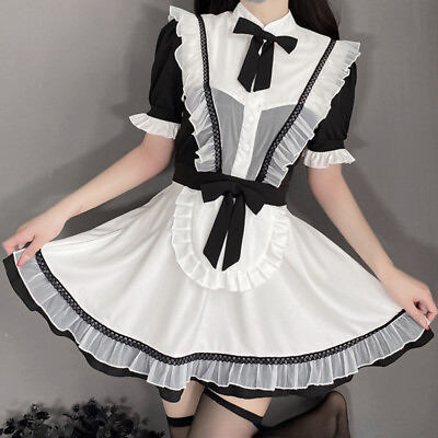 #ad Women Waitress Short Dress Maid Outfit Costume Mesh Ruffle Cosplay Lingerie $29.15