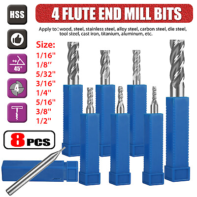 #ad 8x Solid Mill End Cutter Drill Bit Set 4 Flute HSS Slot Milling Tool 1 16quot; 1 2quot; $15.98