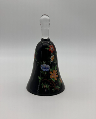 #ad Pair Vintage Fenton Black Amethyst Glass Bell Floral #x27;Hand Painted “ $60.00
