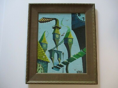 #ad VINTAGE SURREALIST PAINTING SURREALISM MODERNISM ABSTRACT CLOCK TOWER WHIMSICAL $2200.00