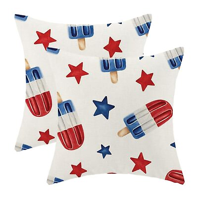 #ad 4th of July Pillow Covers 18x18 Set of 2 Red Blue Stars Decor Patriotic Throw... $21.72