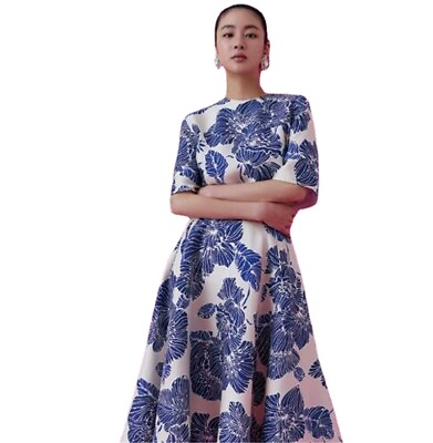 #ad Dress Women Summer Runway Retro Dress Short Sleeve Blue China Floral Print Show $99.11