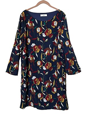 #ad Ovi Womens Boutique 3 4 Sleeve Short Dress Navy Blue Floral Lilly Size Large $24.99