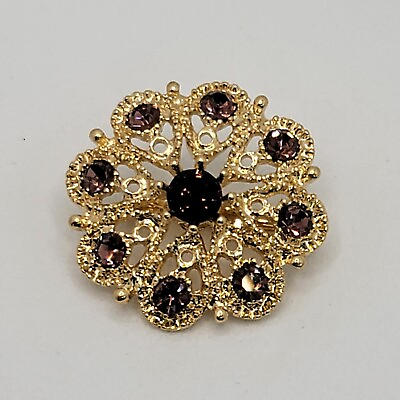 #ad Gold Tone Brooch Pin 1quot; Purple Rhinestones Marcosite Ornate 9 Stones Jewelry $6.95