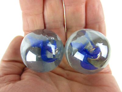 #ad 2 BOULDERS 35mm VAPOR Marbles glass ball Clear Blue White Giant HUGE Swirl $9.95