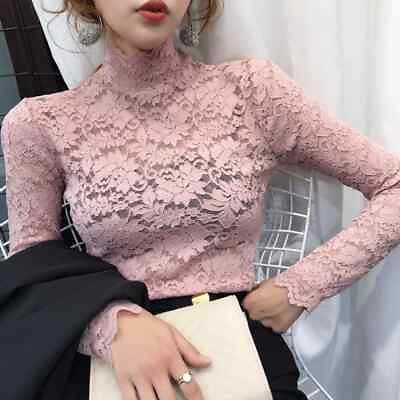 #ad New 2024 Women Lace Long Puff Sleeve Top Stretch Solid Turtleneck Blouse Casual $13.72