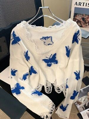 #ad Fashion Knitted Sweater Harajuku Sweet Oversized Cropped Tops Off Shoulder $25.26