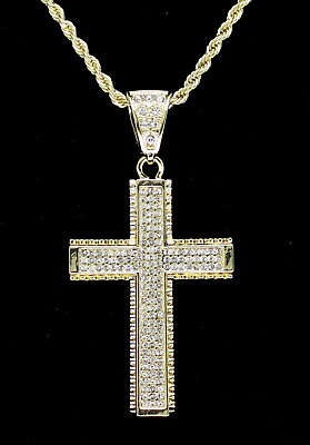#ad Cross Pendant 14k Gold Plated Cz 24quot; Rope Chain Hip Hop Necklace $14.97