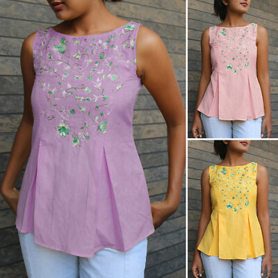 #ad S 5XL Women Sleeveless Crochet Embroidery Tank Tops Vest Swing Shirt Blouse Plus $17.09