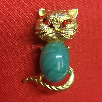 #ad Vintage Evil Cat Brooch Faux Jade Belly Red Eyes Gold Body $39.95