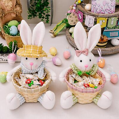 #ad Easter Bunny Basket Table Decor Cute Rabbit Figurine Picnic Basket for Kids $12.58