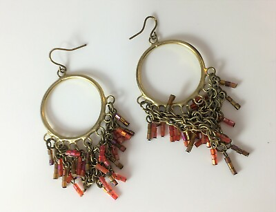 #ad Red Dangle Earrings Vintage French Hook Pierced Boho Ethnic Costume Jewelry $12.88