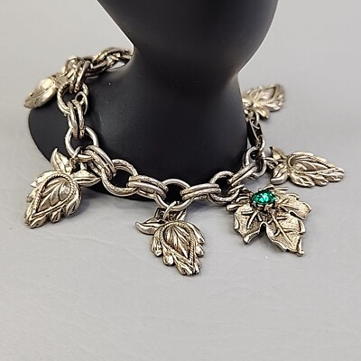 #ad Charm Leaf Bracelet Vtg Silver Tone 3D Relief Green Rhinestone 7.5quot; $25.00