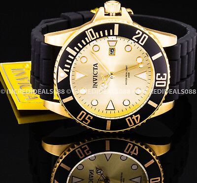 #ad Invicta Mens PRO DIVER 18K GOLD PLATED Case Dial Black Strap 44mm Stylish Watch $79.49