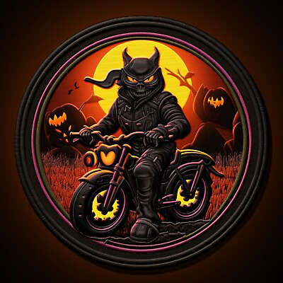 #ad Halloween Patch Iron on Applique Cat on Motorcycle Pumpkin Spooky Decorative $4.87