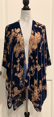 #ad Open Front Floral Cardigan Duster Boho Shawl Navy Size OS $22.00