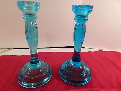 #ad Pair Tiara Exclusives 8 1 2quot; Tall Indiana Glass Duchess Aqua Blue Candlesticks $24.00