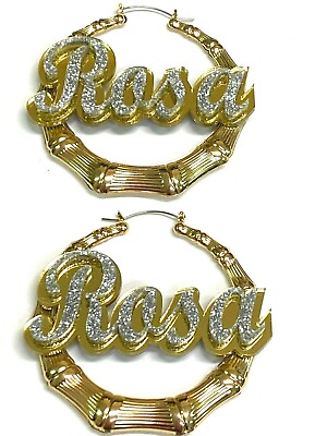 #ad Personalized Custom Gold Bamboo Earrings 4inch Name Plate Laser Cut Diamond Look $32.95