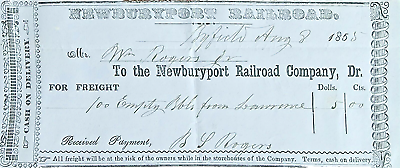 #ad AUGUST 1855 NEWBURYPORT RAILROAD Bamp;M FREIGHT RECEIPT PRE CIVIL WAR $100.00
