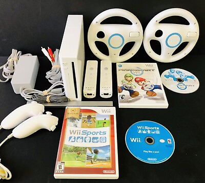 #ad Nintendo Wii Game Console Bundle Mario Kart Wii Sports Wheels *CLEANED* Tested $189.95