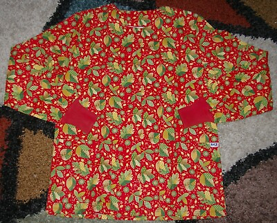 #ad Christmas Warm up Jacket 2 bottom Pockets Knit Cuffs Patch Leaves Print Sz S $14.99