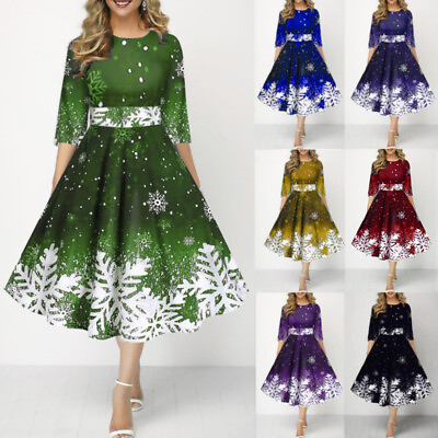 #ad Womens Ladies Christmas Xmas Snowflake PRINTED Party Dress Dresses Plus Size $25.19