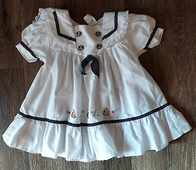 #ad Vintage Sears Baby Girls White amp; Navy Dress Sailor Nautical Buttons 24 Months $16.15