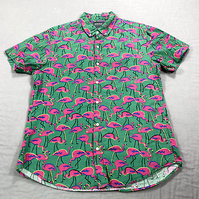 #ad Bonobos Shirt Mens Large Green Pink Slim Fit Button Up Hawaiian Flamingo Adult $19.88