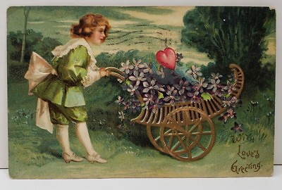 #ad Loves Greeting Embossed Valentines Boy with Cart 1906 Shirleysburg Postcard C17 $5.95