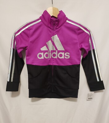 #ad ADIDAS Girls Track Jacket Sz 5 Fuchsia Black Colorblock Zip Up $12.99