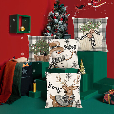 #ad Christmas Pillowcase Elk Snowman Linen Back Cushion Cover Home Bedroom Sofa $8.05
