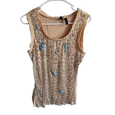 #ad BKE Boutique Womens Sz L Tank Top Gold Sequin Blue Beaded $12.60