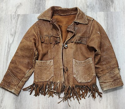#ad Vtg #x27;40s Western Ranchman Outfitters Brown Suede Jacket Fringe Rare Kids 4T 5T $183.59